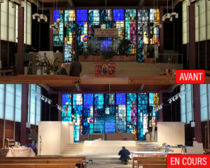Vue avant/après des travaux d'aménagement du chœur de l'église.