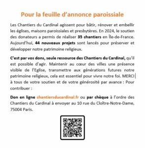 Annonce pour la quête annuelle 2025 des Chantiers du Cardinal