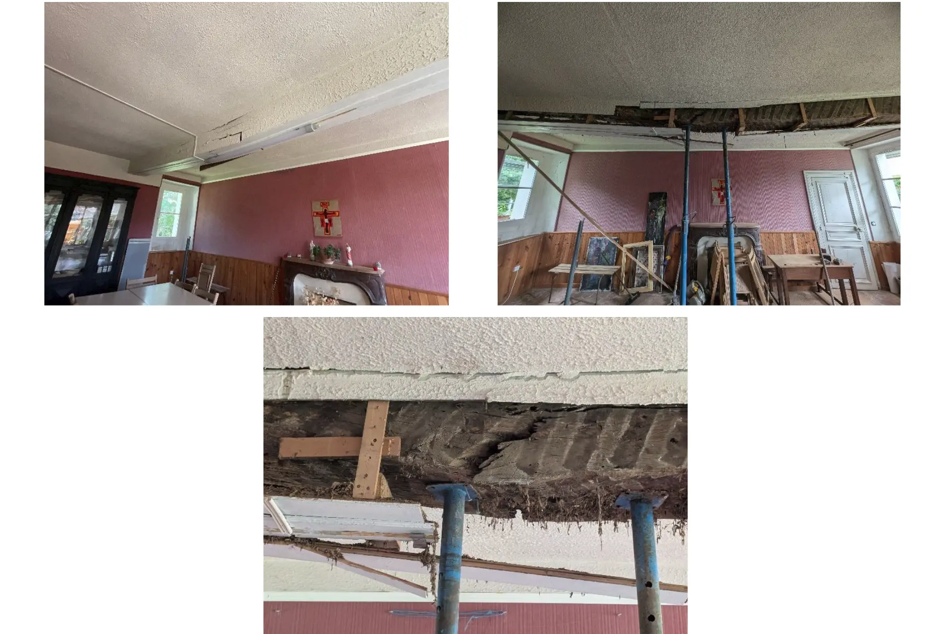 3 photos des dommages sur le plafond et la poutre du presbytère de Beton Bazoches