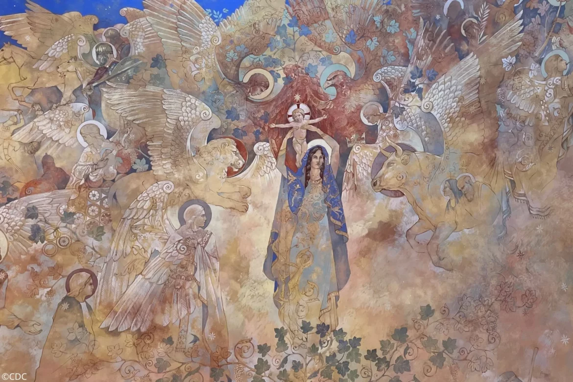 Détail fresque de l'église Saint Joseph le Bienveillant - La Vierge et l'Enfant entouré des quatre évangélistes