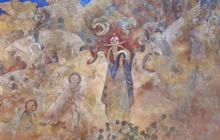 Détail fresque de l'église Saint Joseph le Bienveillant - La Vierge et l'Enfant entouré des quatre évangélistes